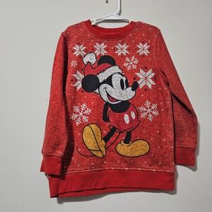 Disney Mickey Mouse Christmas Sweater Kids XS‎ Red Holiday Snowflake Pullover